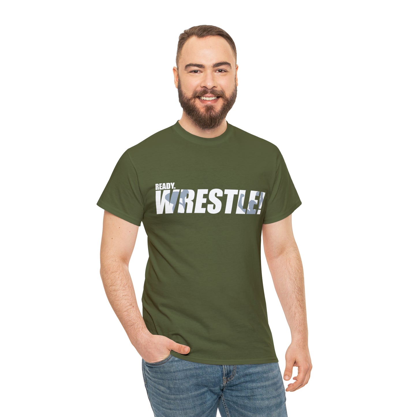 Ready. Wrestle! White Logo w/Blue Silhouettes, Unisex Heavy Cotton Tee