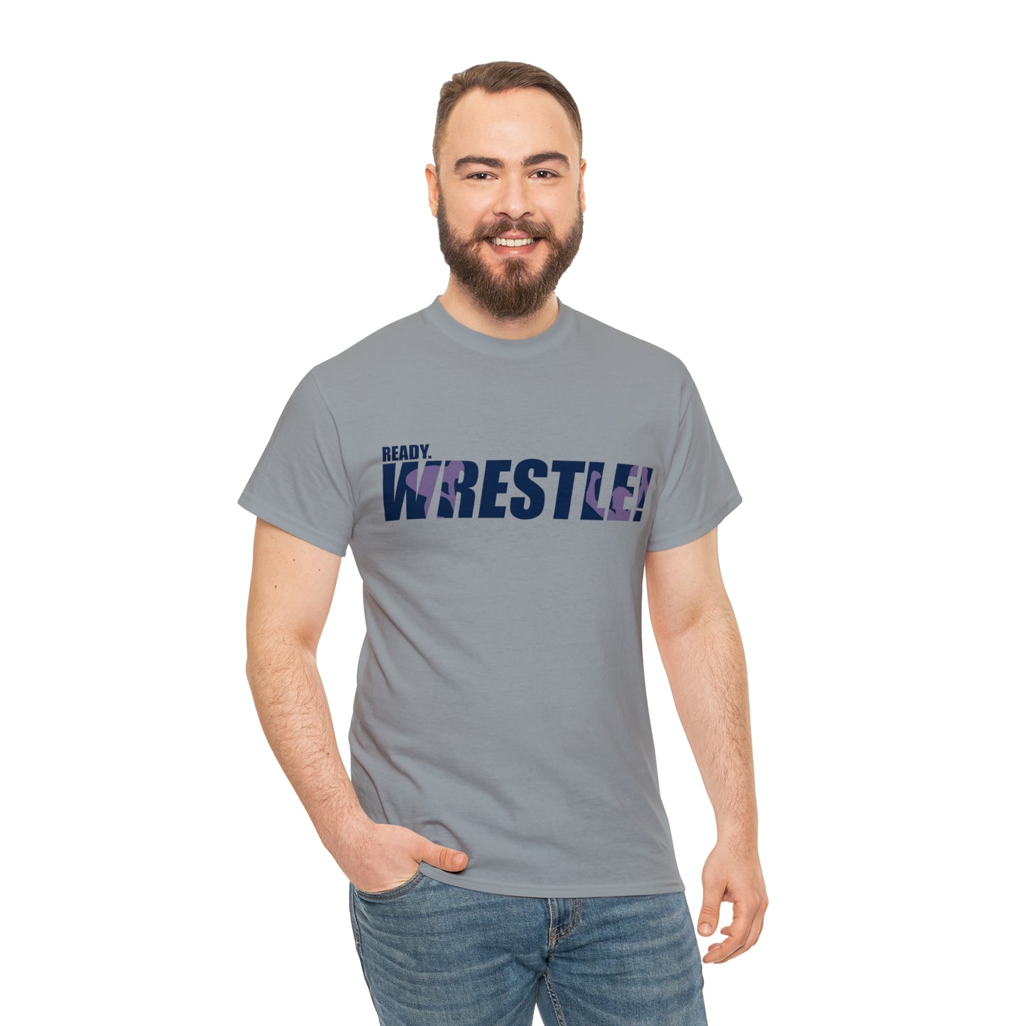 Ready. Wrestle! Navy Logo w/Pink Silhouettes, Unisex Heavy Cotton Tee