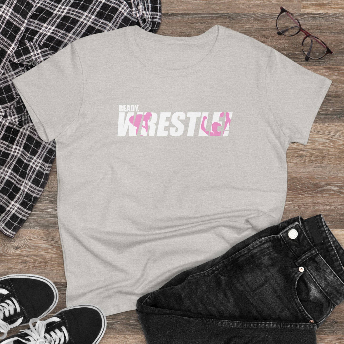 Ready. Wrestle! Women's Midweight Cotton Tee, White/Pink Logo