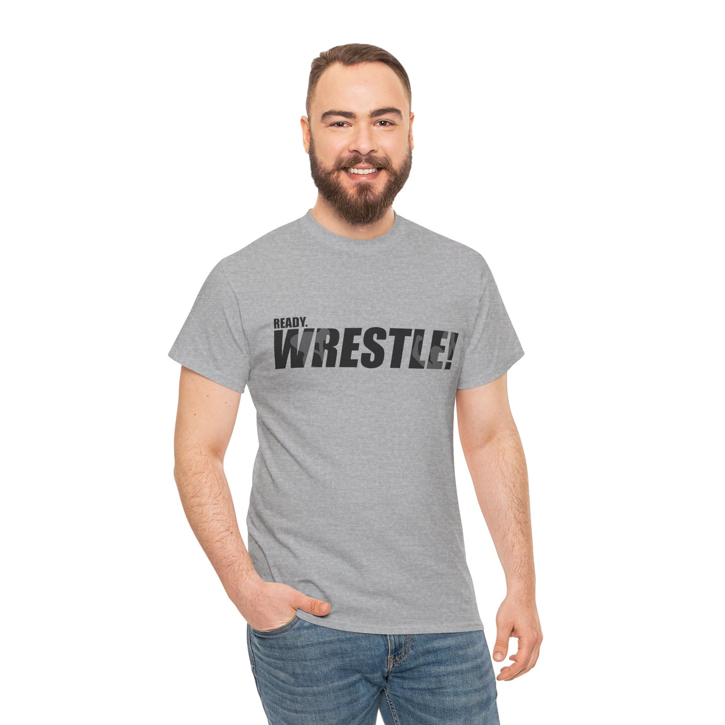 Ready. Wrestle! Black Logo w/White Silhouettes, Unisex Heavy Cotton Tee
