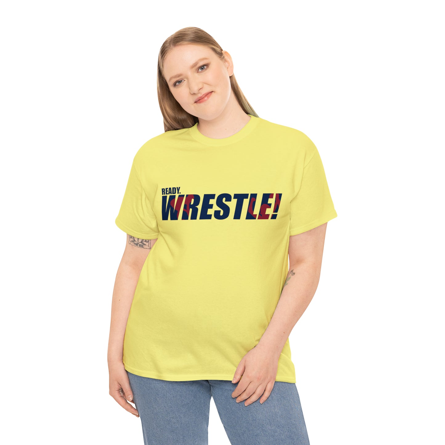 Ready. Wrestle! Navy Logo w/Red Silhouettes, Unisex Heavy Cotton Tee