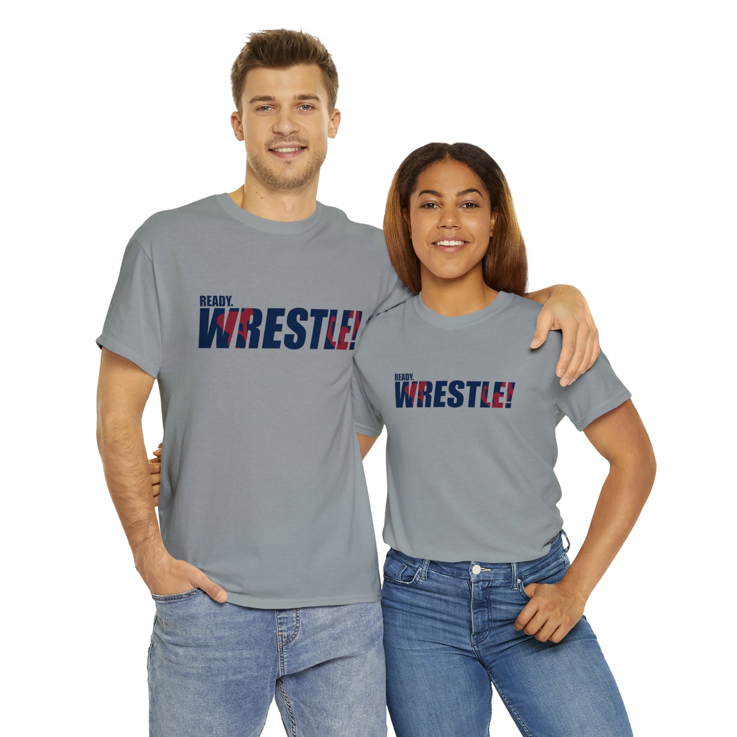 Ready. Wrestle! Navy Logo w/Red Silhouettes, Unisex Heavy Cotton Tee