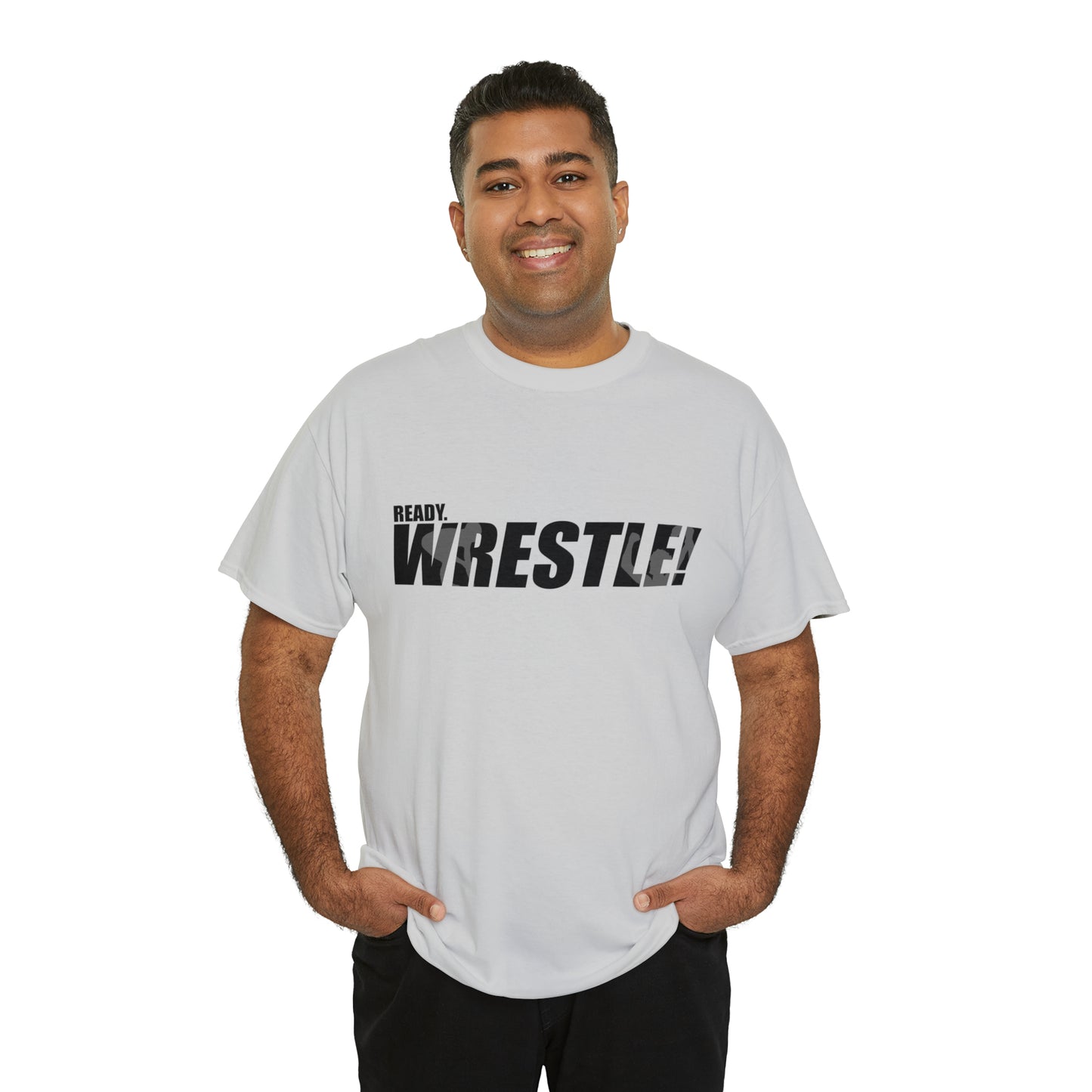 Ready. Wrestle! Black Logo w/White Silhouettes, Unisex Heavy Cotton Tee