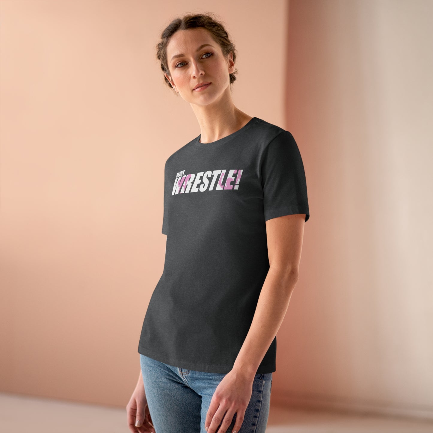 Ready. Wrestle! Women's Midweight Cotton Tee, White/Pink Logo