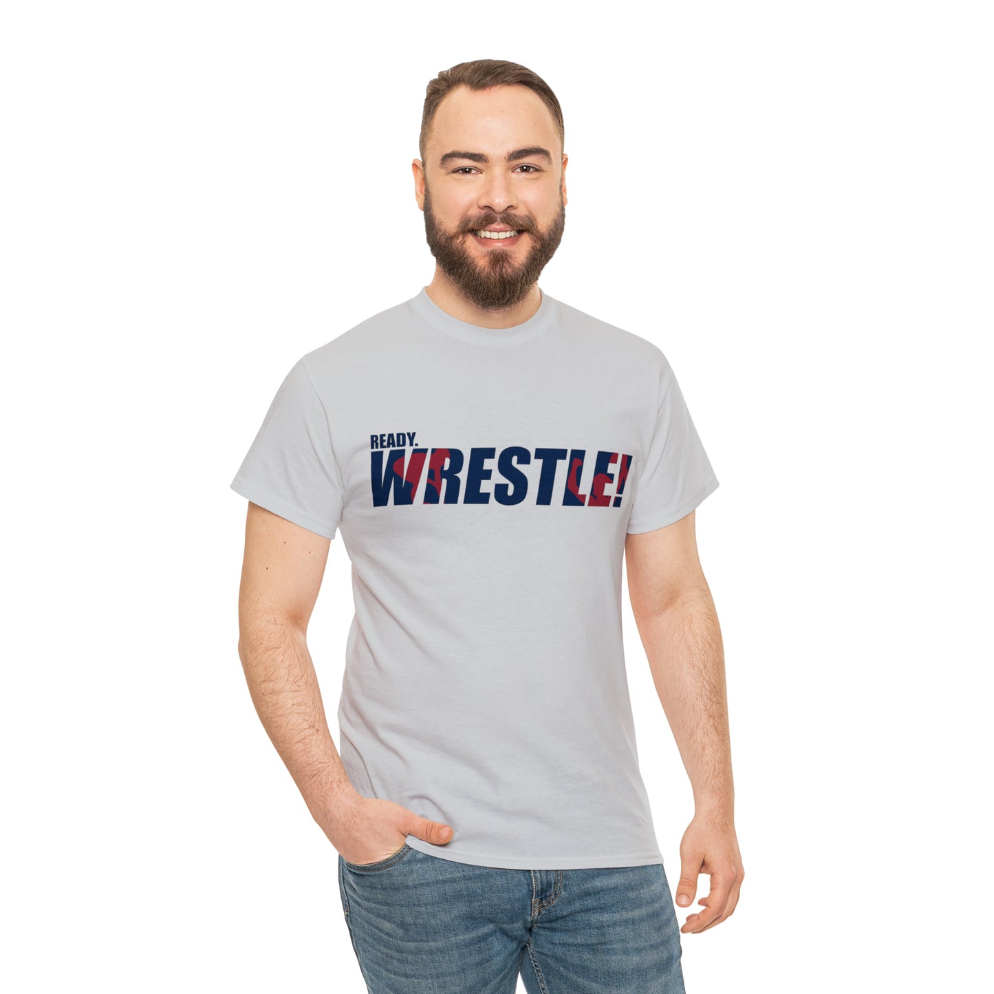 Ready. Wrestle! Navy Logo w/Red Silhouettes, Unisex Heavy Cotton Tee