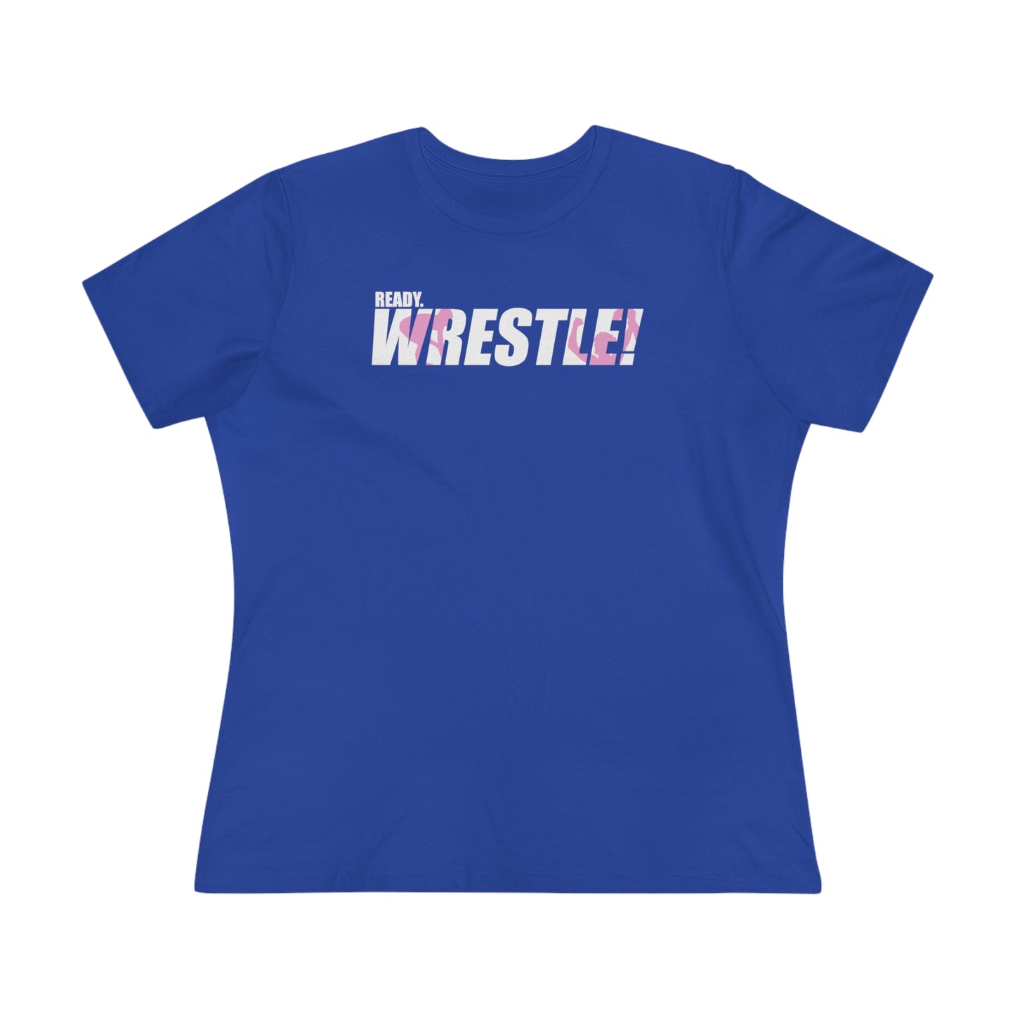 Ready. Wrestle! Women's Midweight Cotton Tee, White/Pink Logo