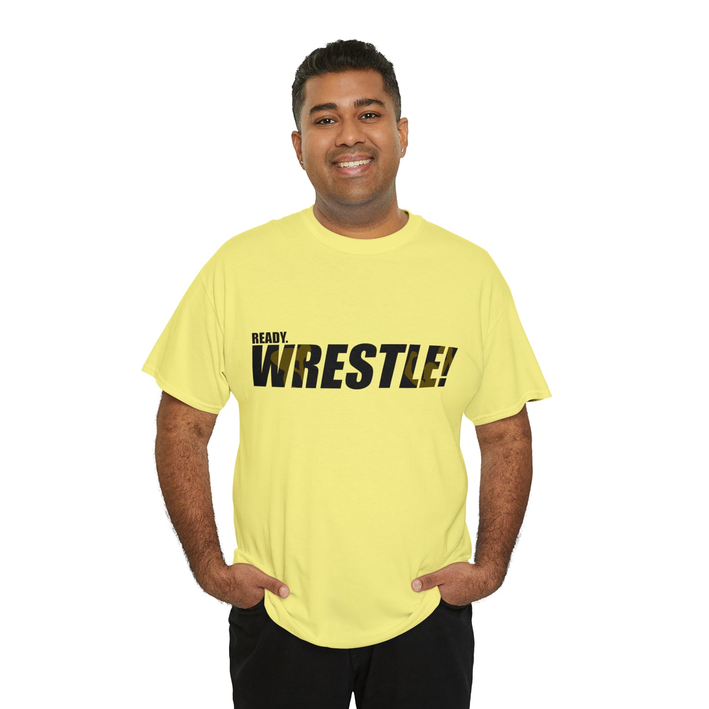 Ready. Wrestle! Black Logo w/Yellow Silhouettes, Unisex Heavy Cotton Tee