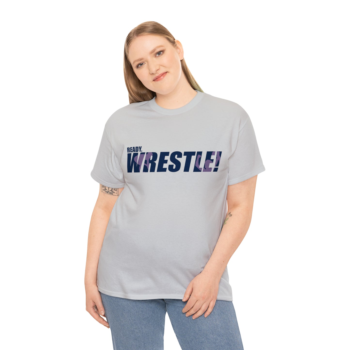 Ready. Wrestle! Navy Logo w/Pink Silhouettes, Unisex Heavy Cotton Tee