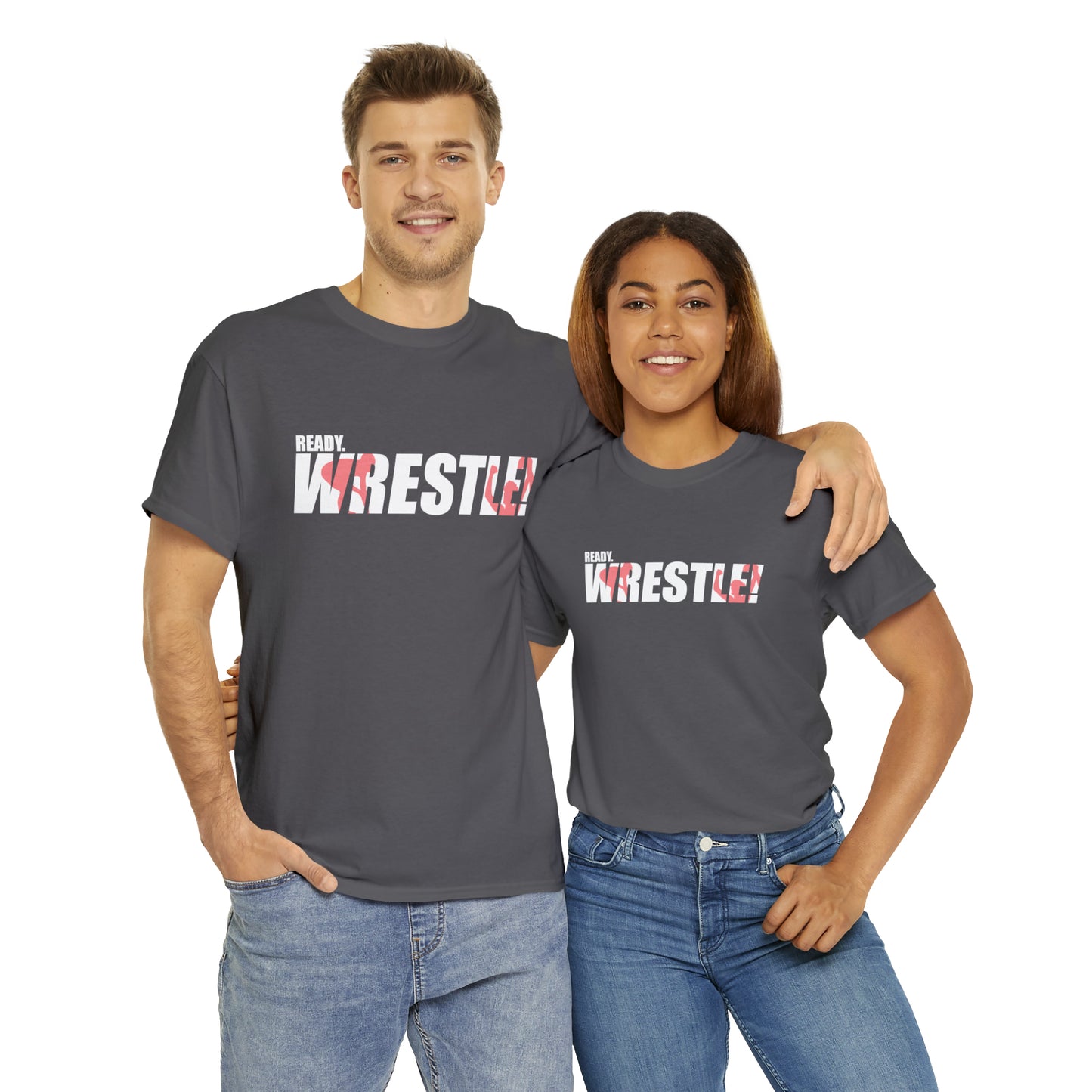 Ready. Wrestle! White Logo w/Red Silhouettes, Unisex Heavy Cotton Tee