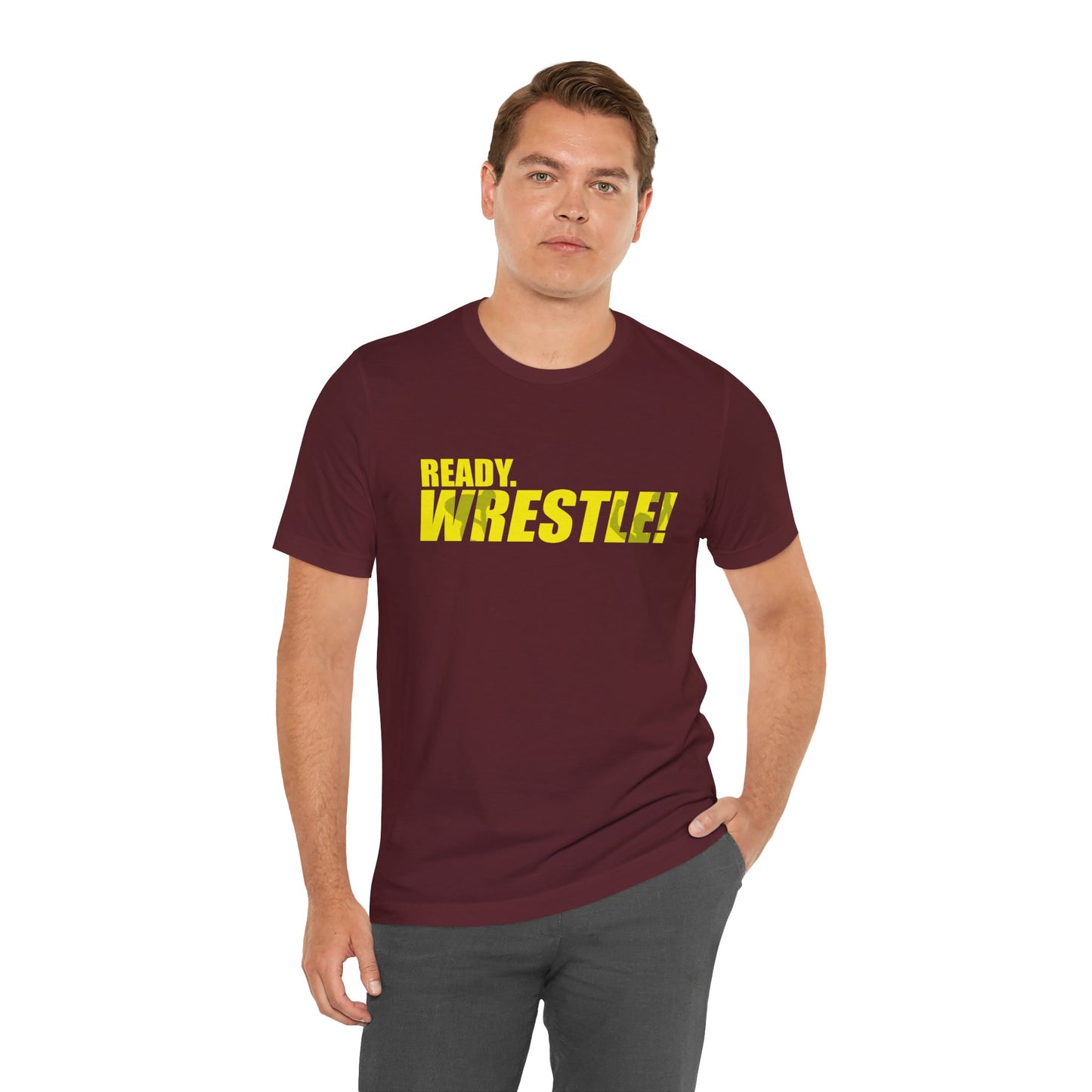 Ready. Wrestle! Gold Logo with Green, Unisex Jersey Short Sleeve Tee