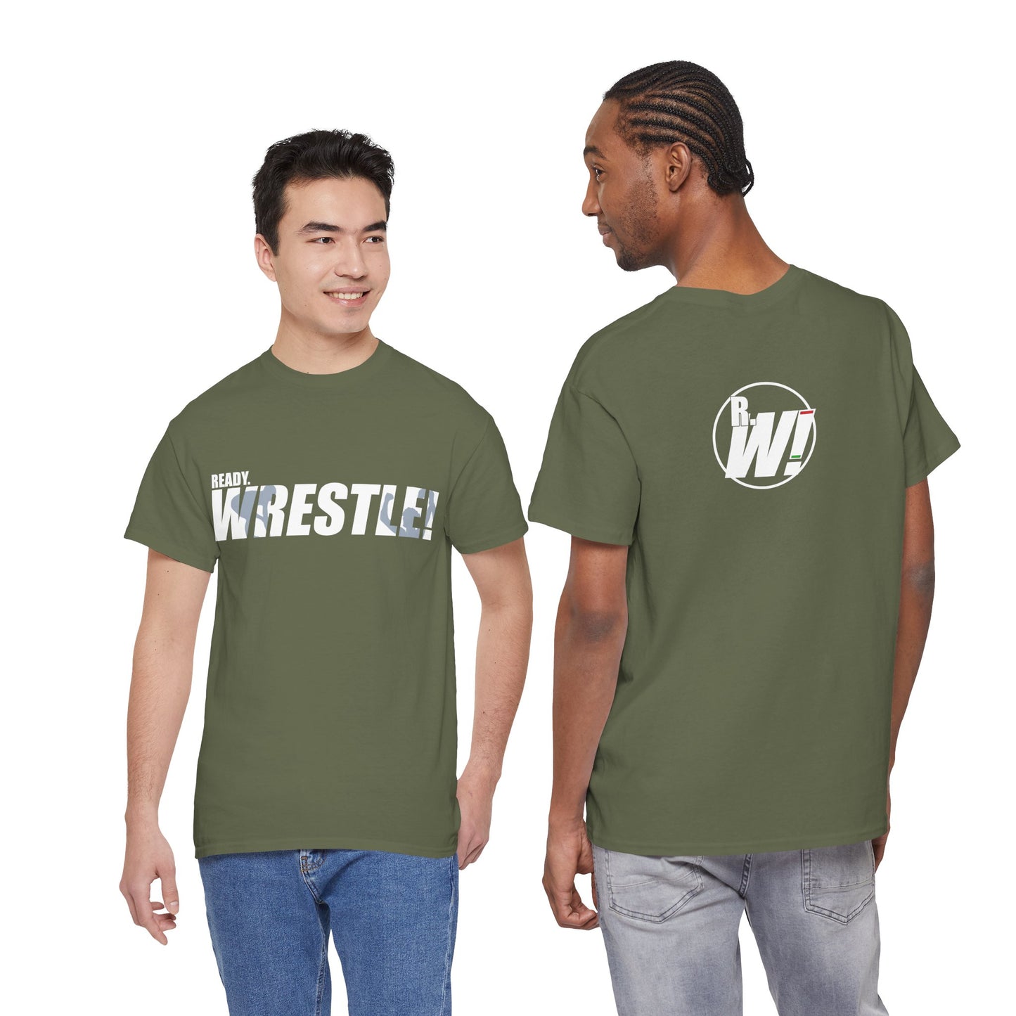 Ready. Wrestle! White Logo w/Blue Silhouettes, Unisex Heavy Cotton Tee