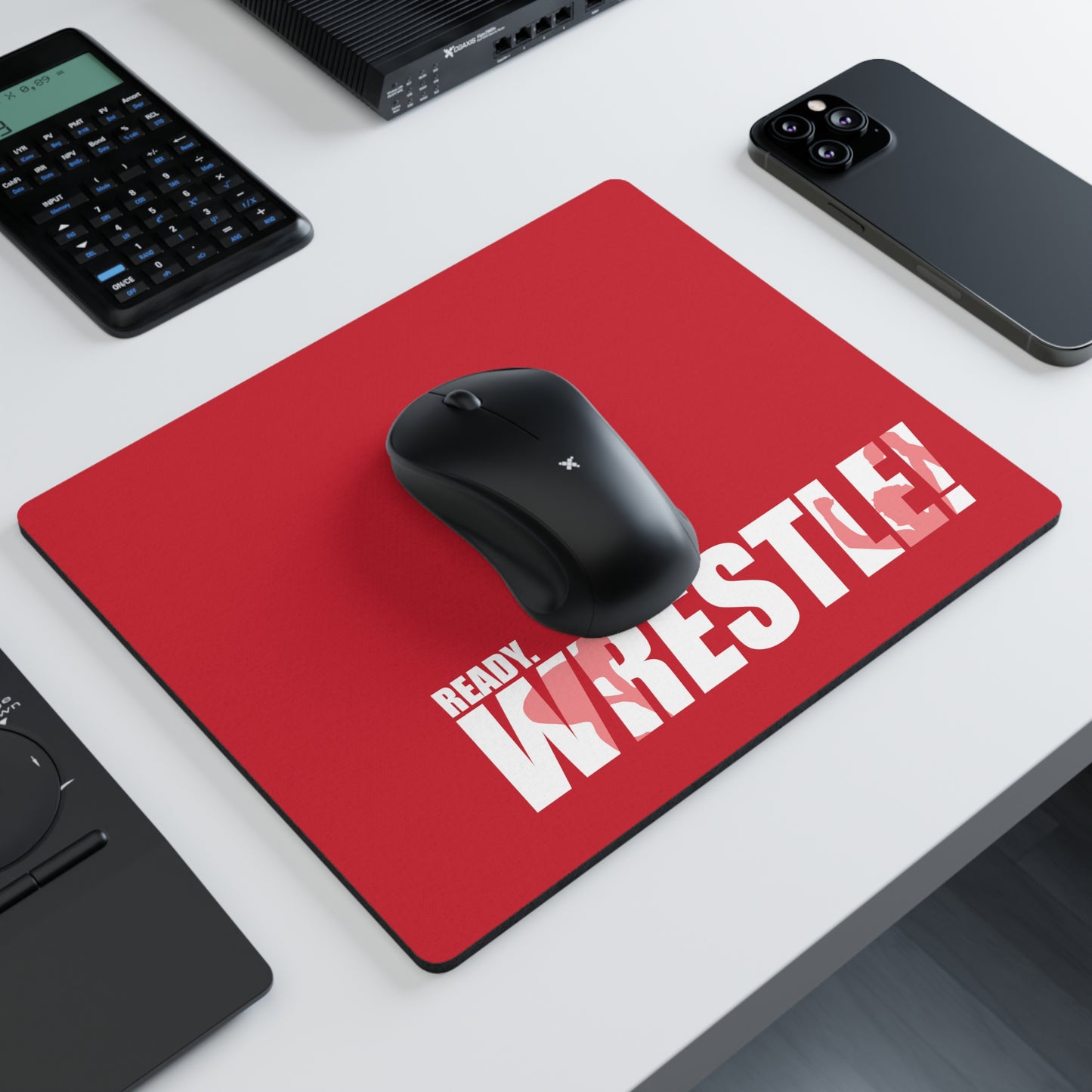 Ready. Wrestle! Rectangular Mouse Pad, White/Red