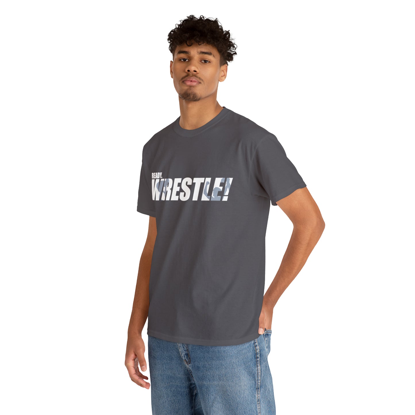 Ready. Wrestle! White Logo w/Blue Silhouettes, Unisex Heavy Cotton Tee