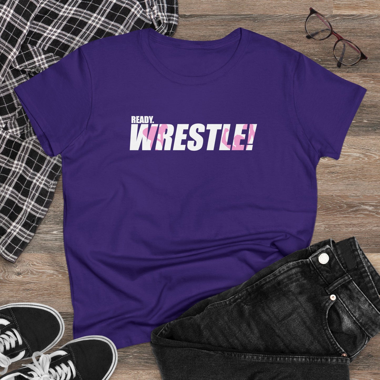 Ready. Wrestle! Women's Midweight Cotton Tee, White/Pink Logo