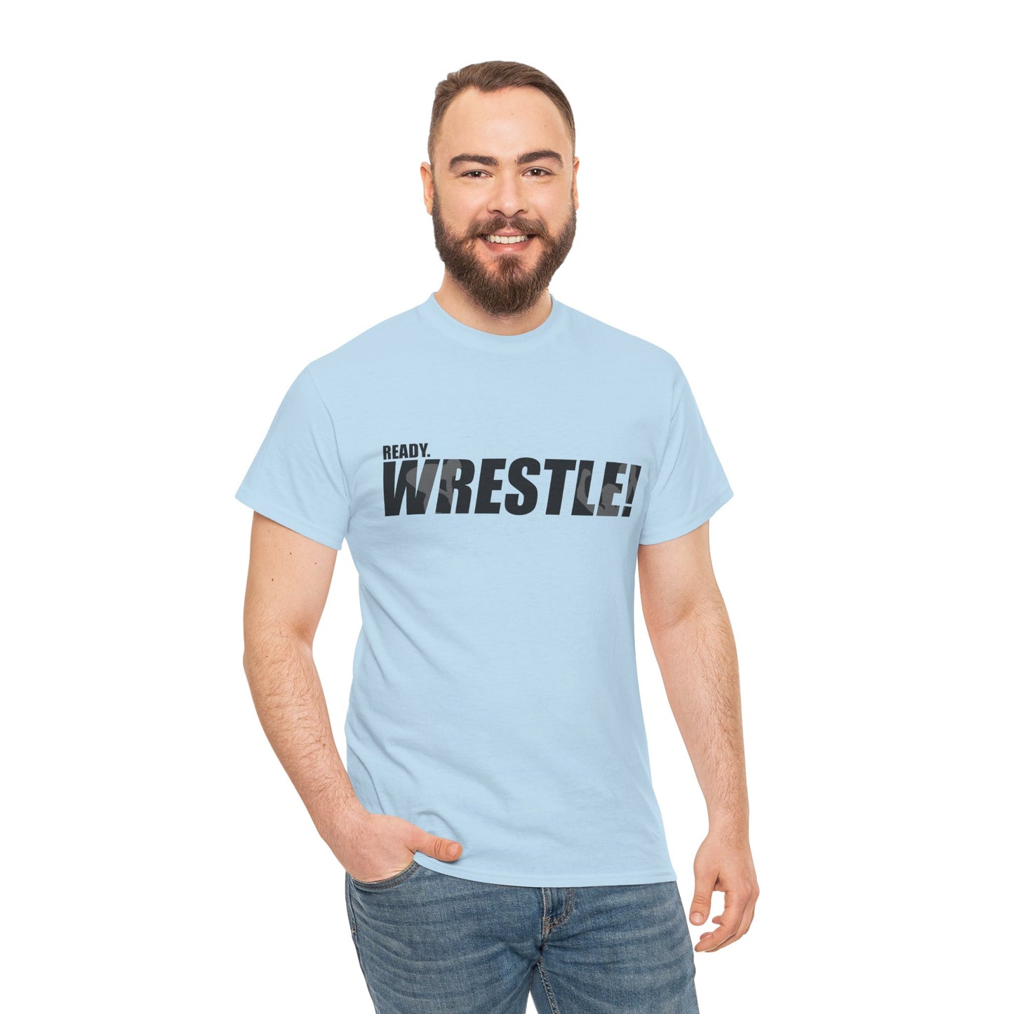 Ready. Wrestle! Black Logo w/White Silhouettes, Unisex Heavy Cotton Tee