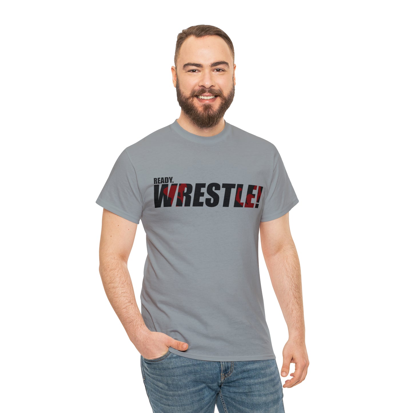 Ready. Wrestle! Black Logo w/Red Silhouettes, Unisex Heavy Cotton Tee