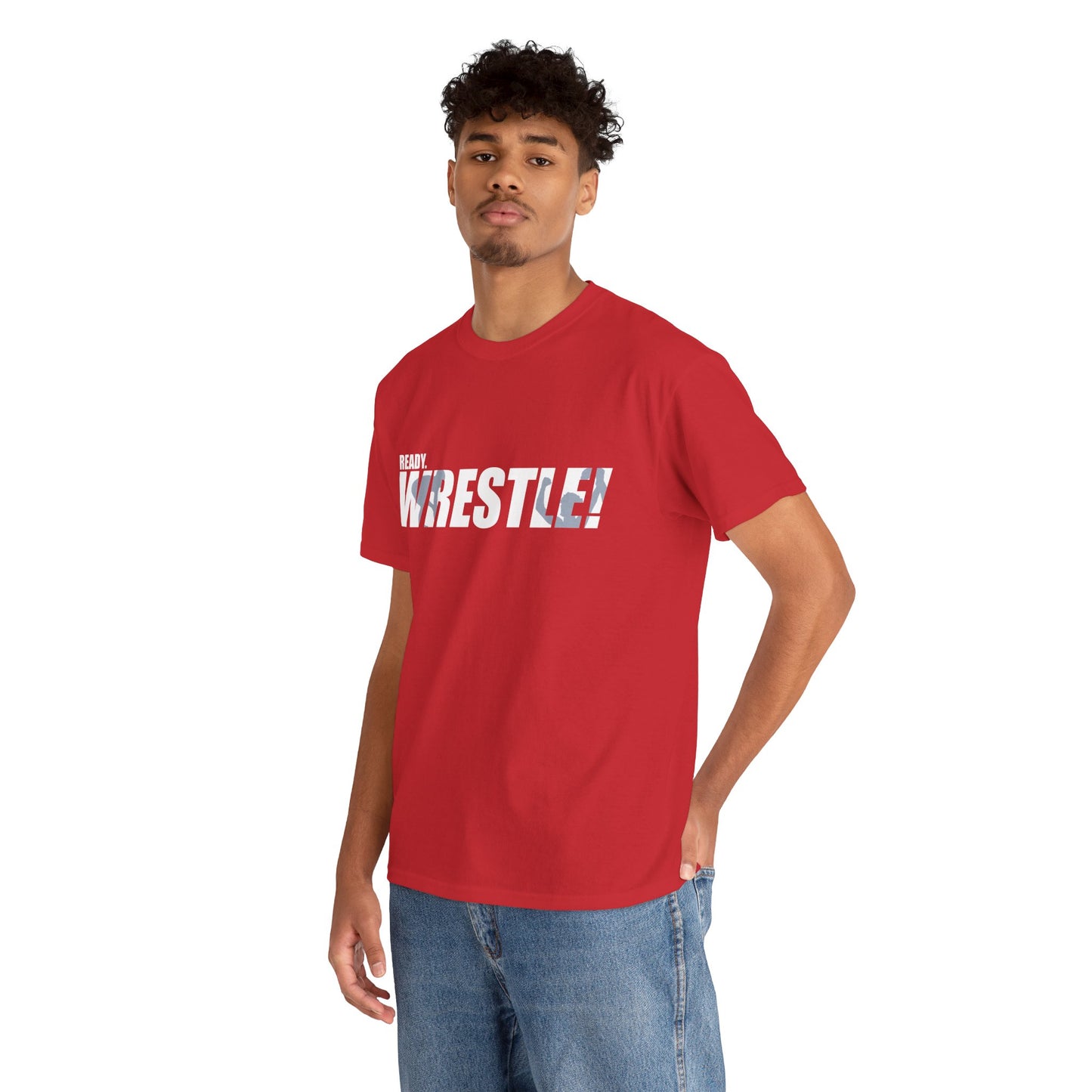 Ready. Wrestle! White Logo w/Blue Silhouettes, Unisex Heavy Cotton Tee