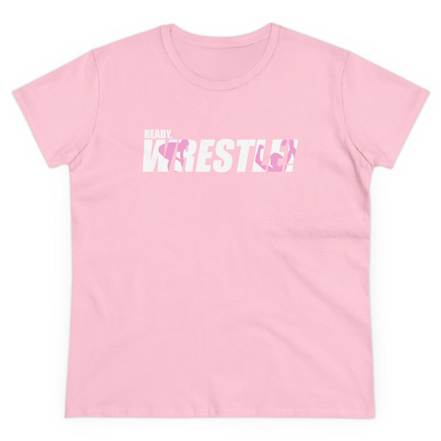 Ready. Wrestle! Women's Midweight Cotton Tee, White/Pink Logo