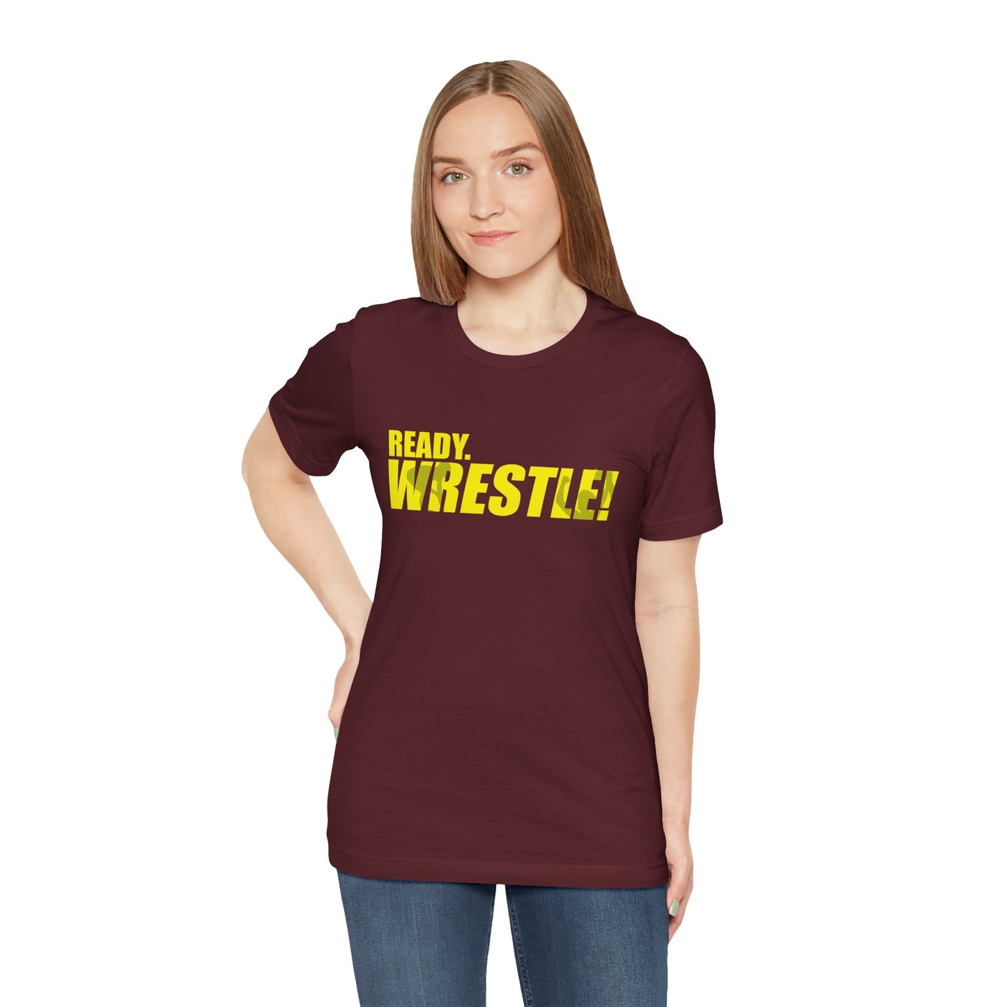 Ready. Wrestle! Gold Logo with Green, Unisex Jersey Short Sleeve Tee