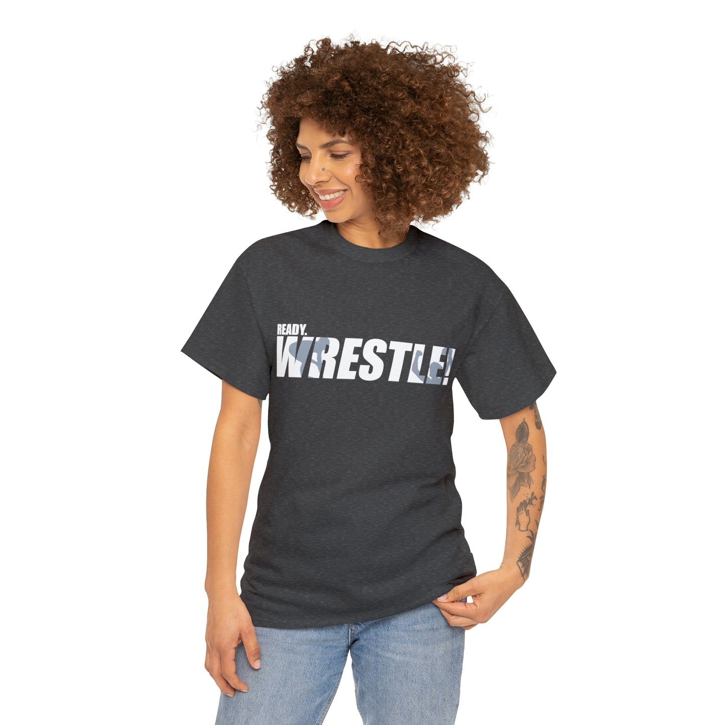 Ready. Wrestle! White Logo w/Blue Silhouettes, Unisex Heavy Cotton Tee