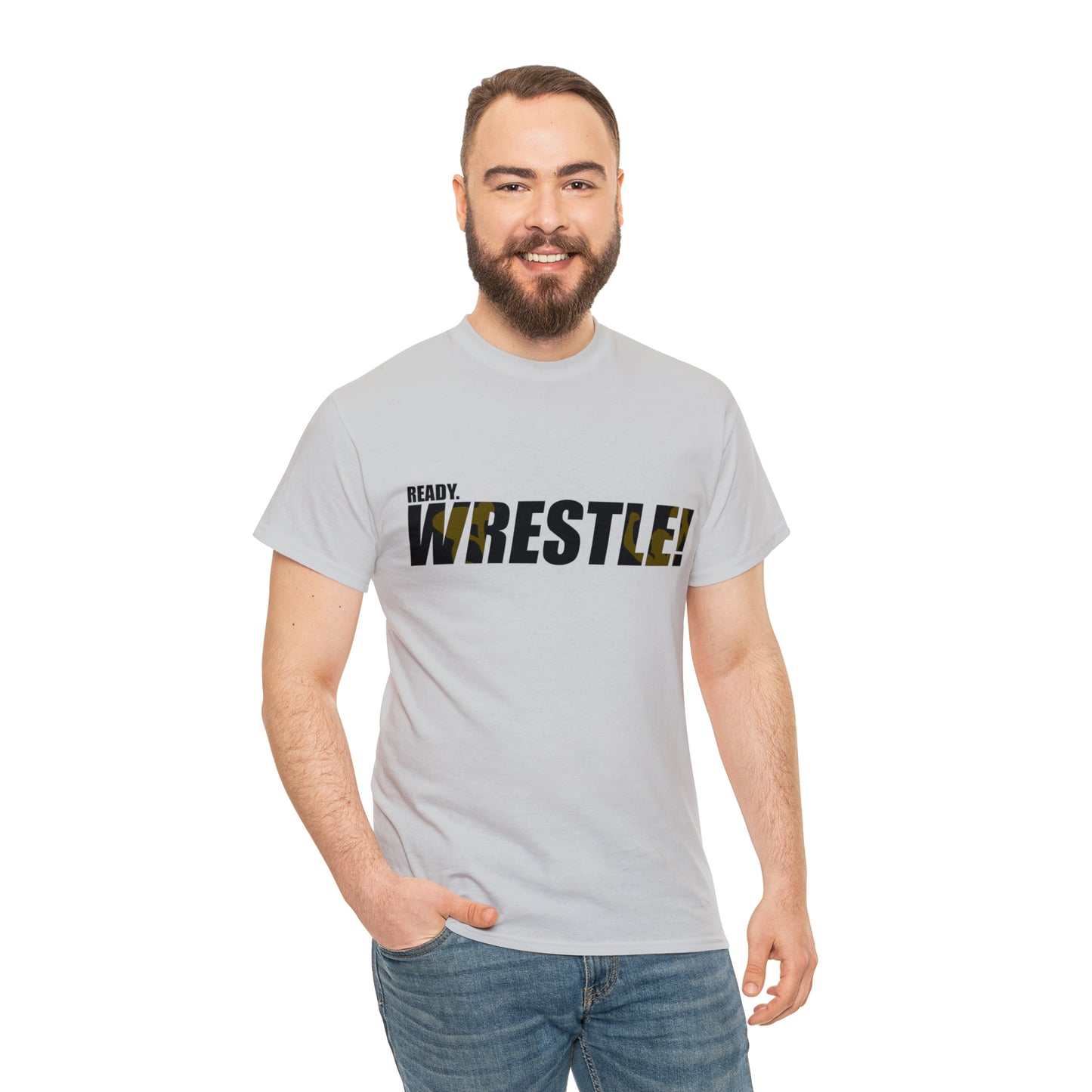 Ready. Wrestle! Black Logo w/Yellow Silhouettes, Unisex Heavy Cotton Tee