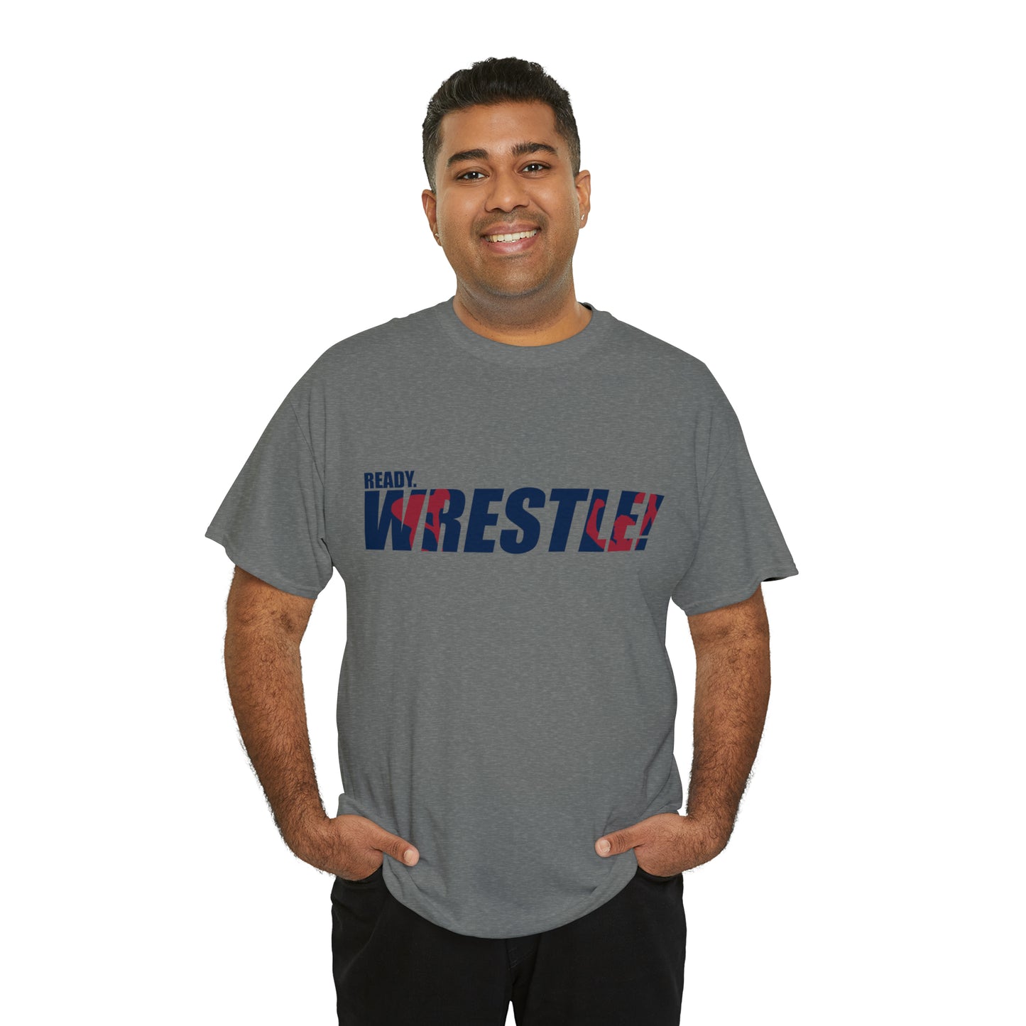 Ready. Wrestle! Navy Logo w/Red Silhouettes, Unisex Heavy Cotton Tee