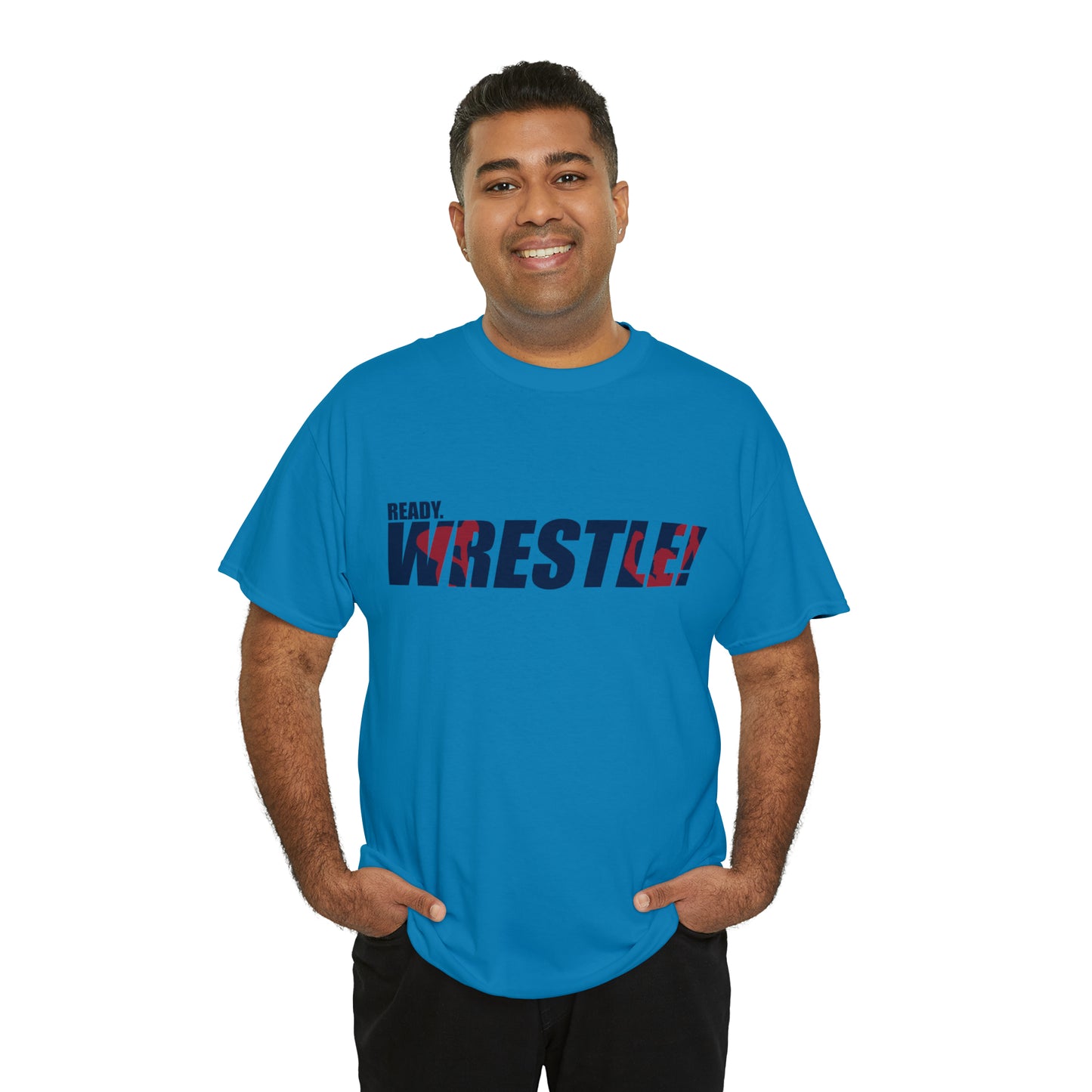 Ready. Wrestle! Navy Logo w/Red Silhouettes, Unisex Heavy Cotton Tee