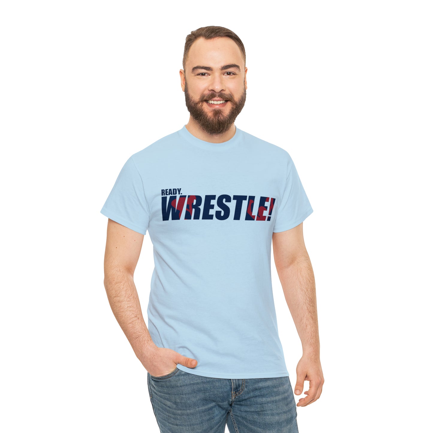 Ready. Wrestle! Navy Logo w/Red Silhouettes, Unisex Heavy Cotton Tee