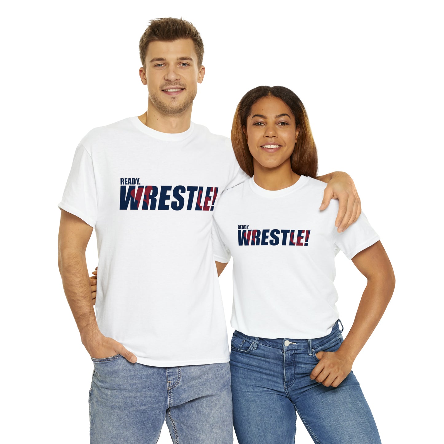 Ready. Wrestle! Navy Logo w/Red Silhouettes, Unisex Heavy Cotton Tee