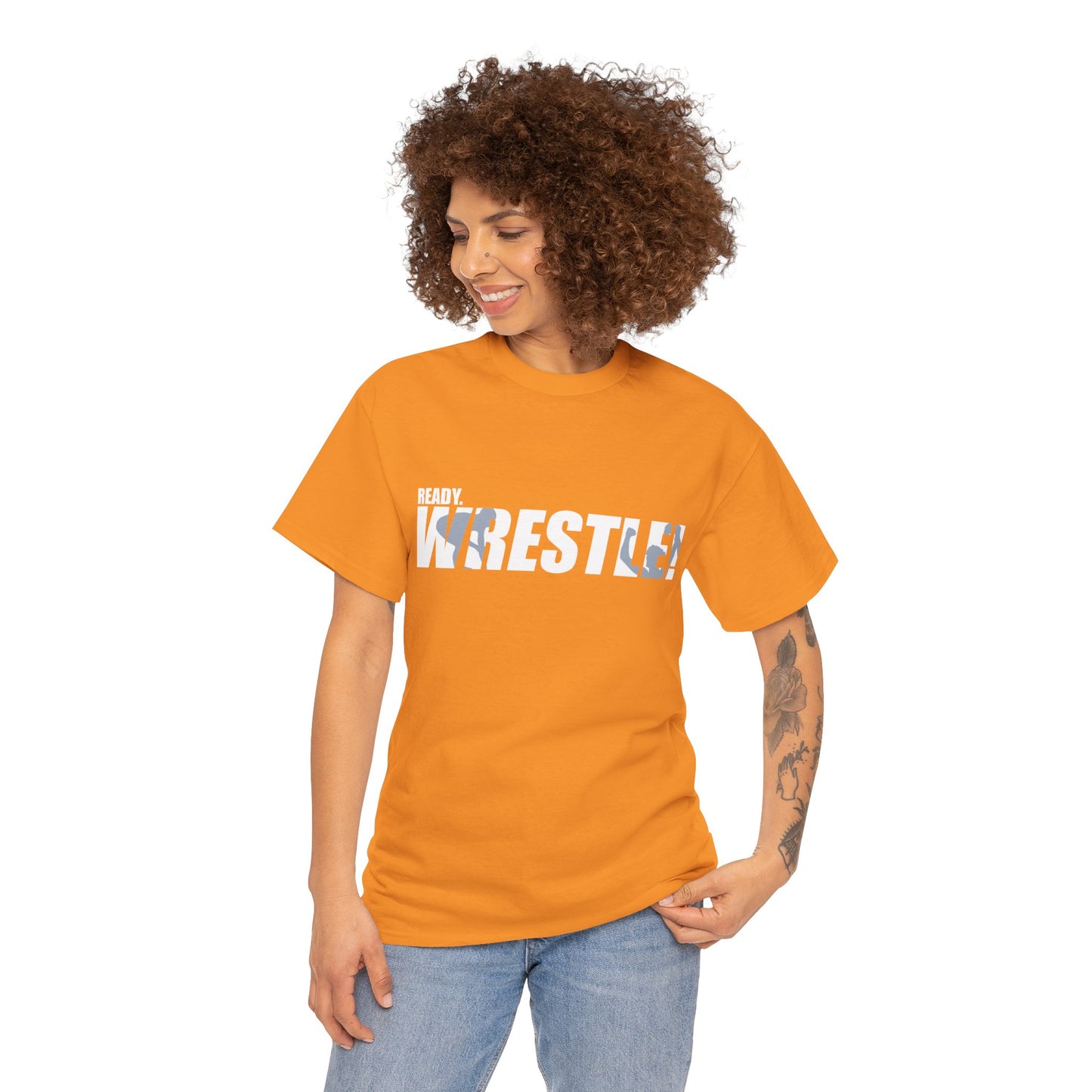 Ready. Wrestle! White Logo w/Blue Silhouettes, Unisex Heavy Cotton Tee