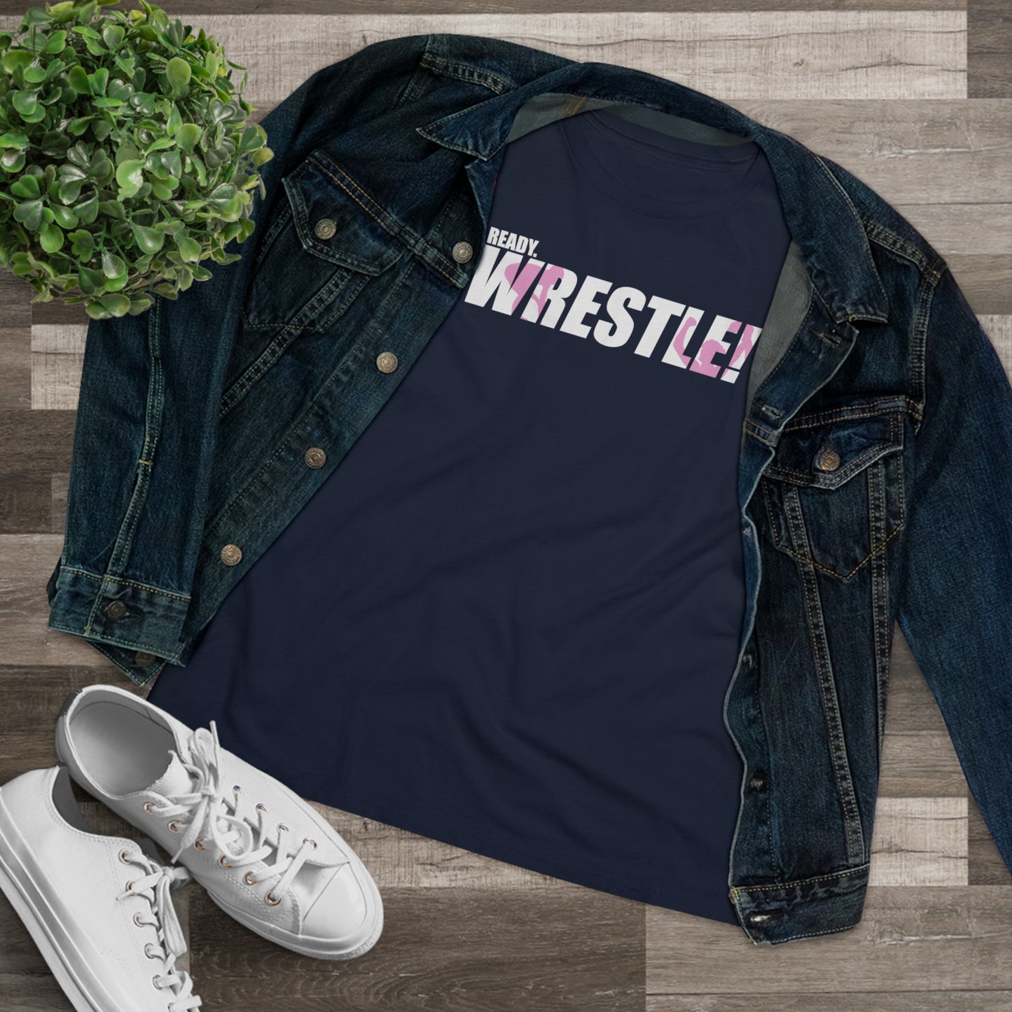 Ready. Wrestle! Women's Midweight Cotton Tee, White/Pink Logo