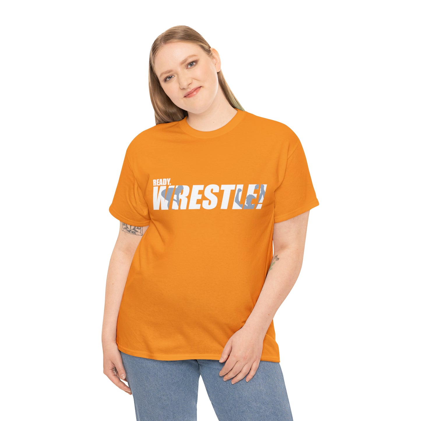 Ready. Wrestle! White Logo w/Blue Silhouettes, Unisex Heavy Cotton Tee