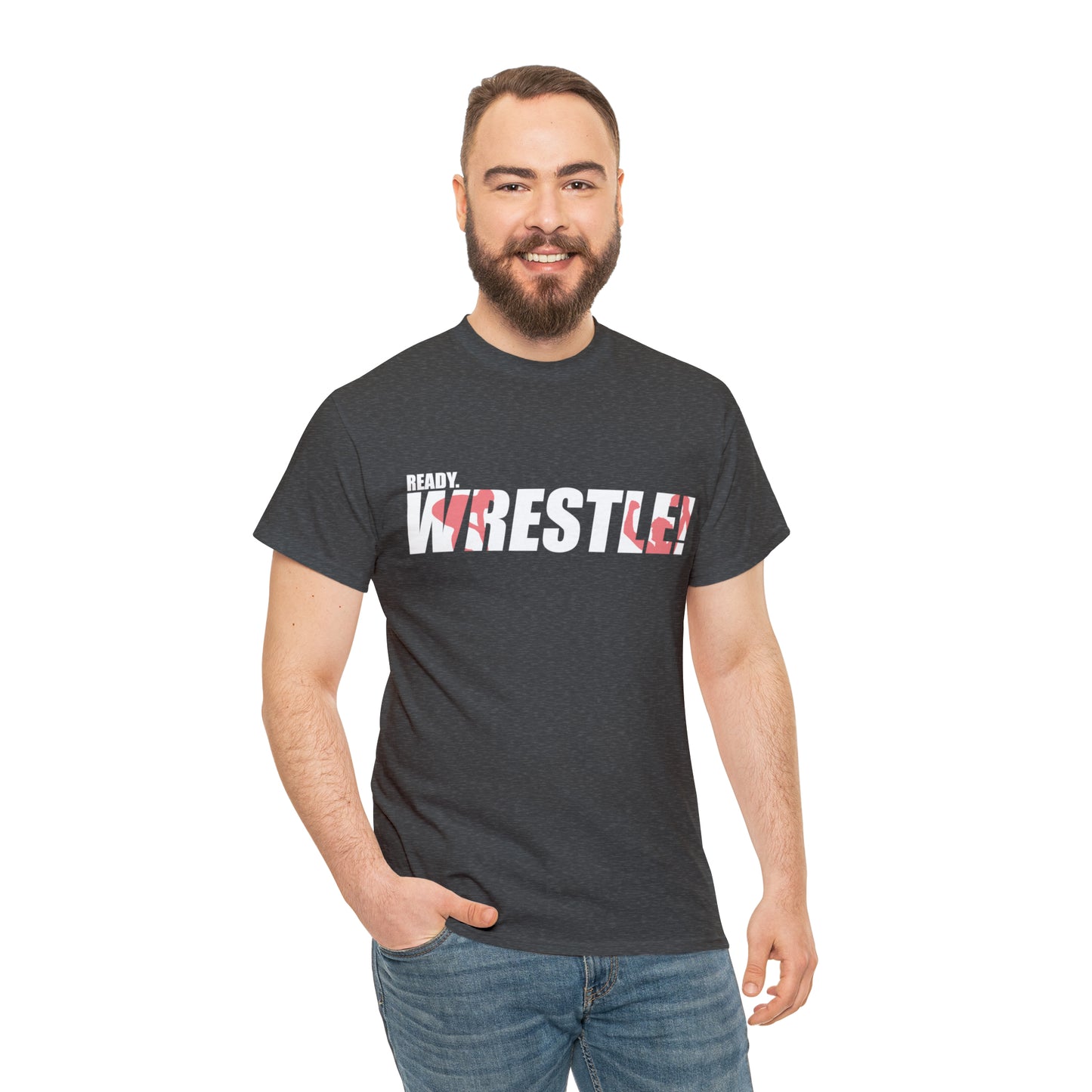 Ready. Wrestle! White Logo w/Red Silhouettes, Unisex Heavy Cotton Tee