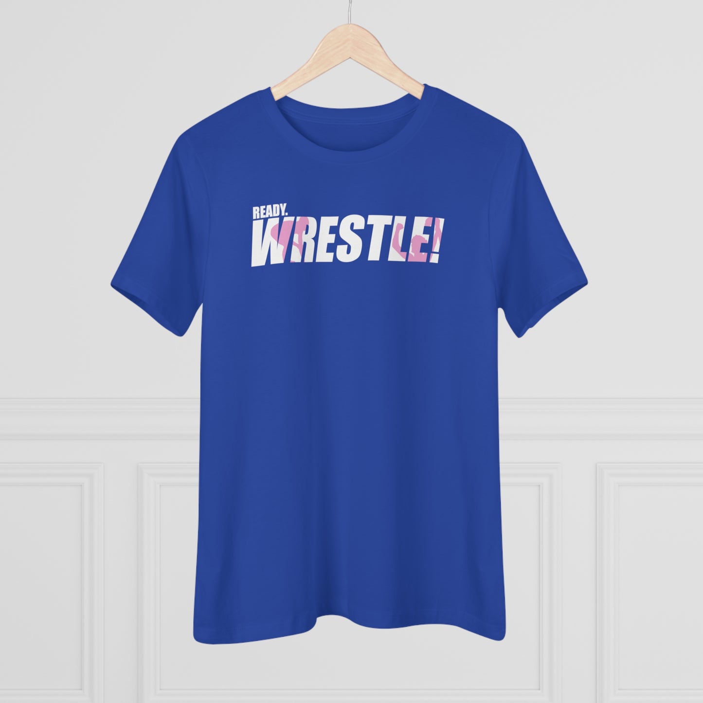 Ready. Wrestle! Women's Midweight Cotton Tee, White/Pink Logo