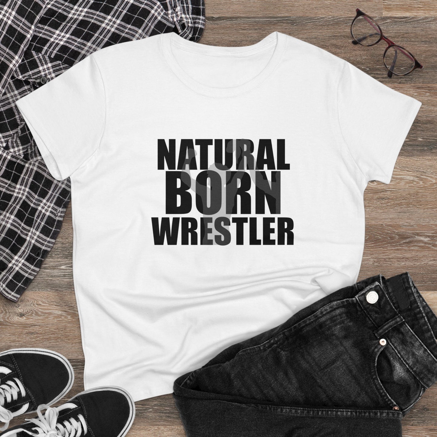 Natural Born Wrestler, Women's Midweight Cotton Tee, Black Letters