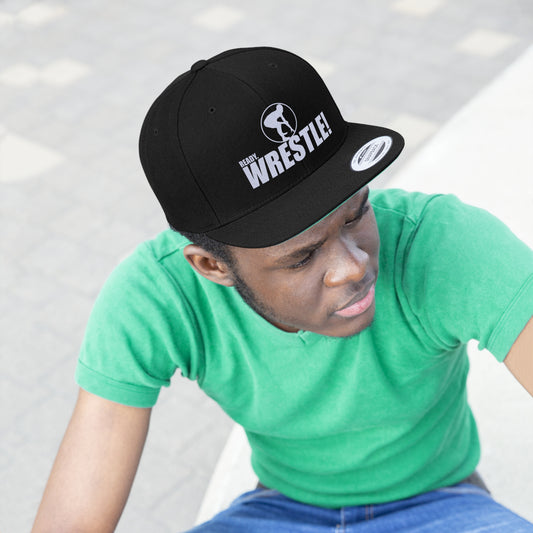 Ready. Wrestle!, Unisex Flat Bill Hat, White Logo