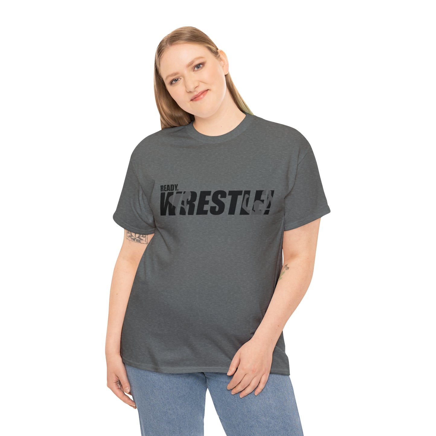 Ready. Wrestle! Black Logo w/White Silhouettes, Unisex Heavy Cotton Tee