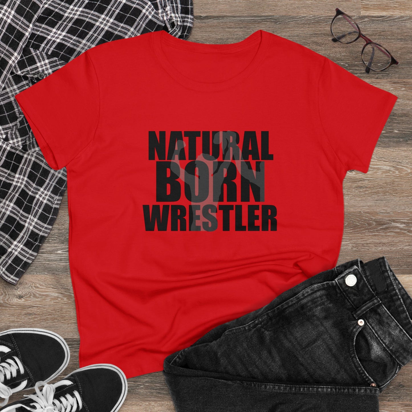 Natural Born Wrestler, Women's Midweight Cotton Tee, Black Letters