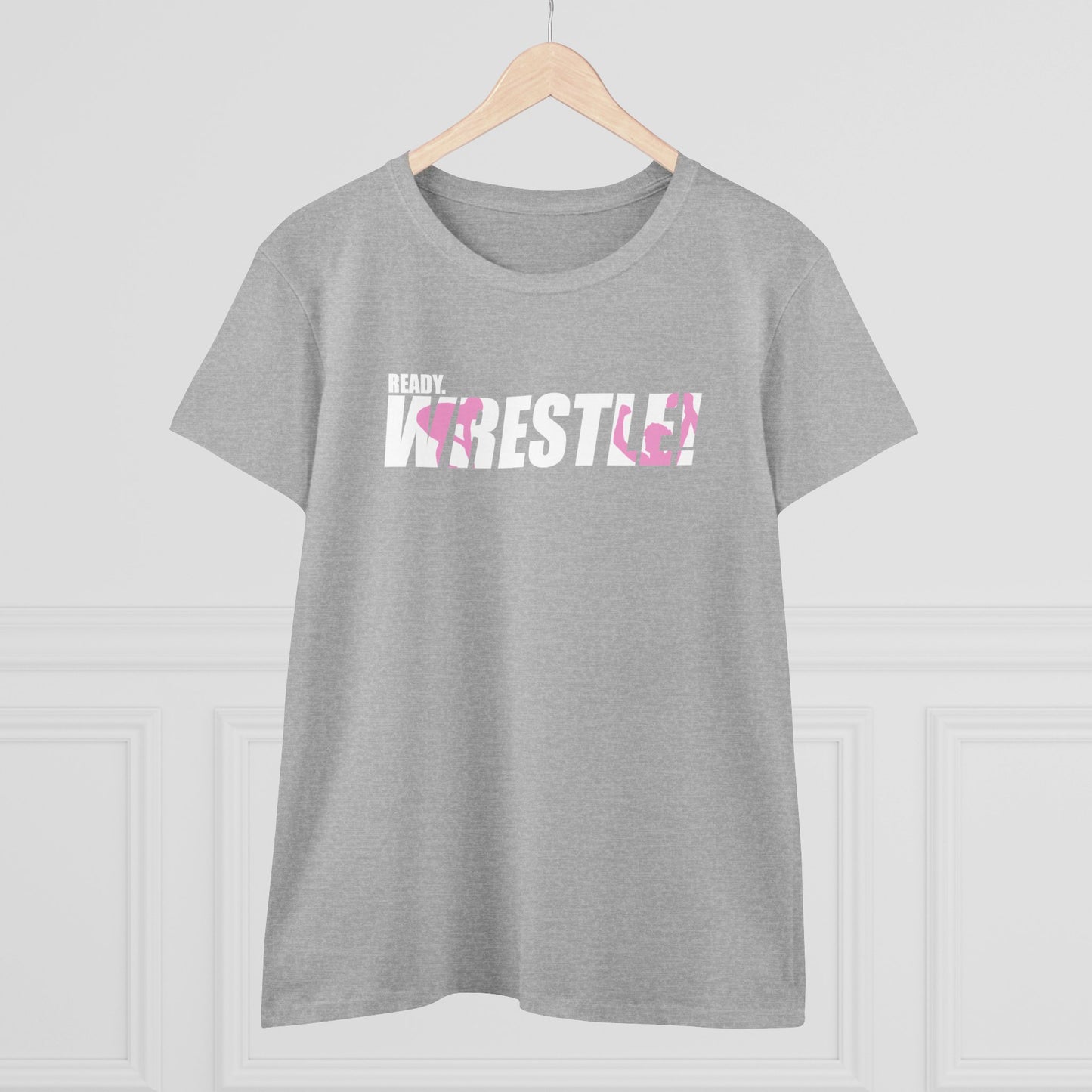 Ready. Wrestle! Women's Midweight Cotton Tee, White/Pink Logo