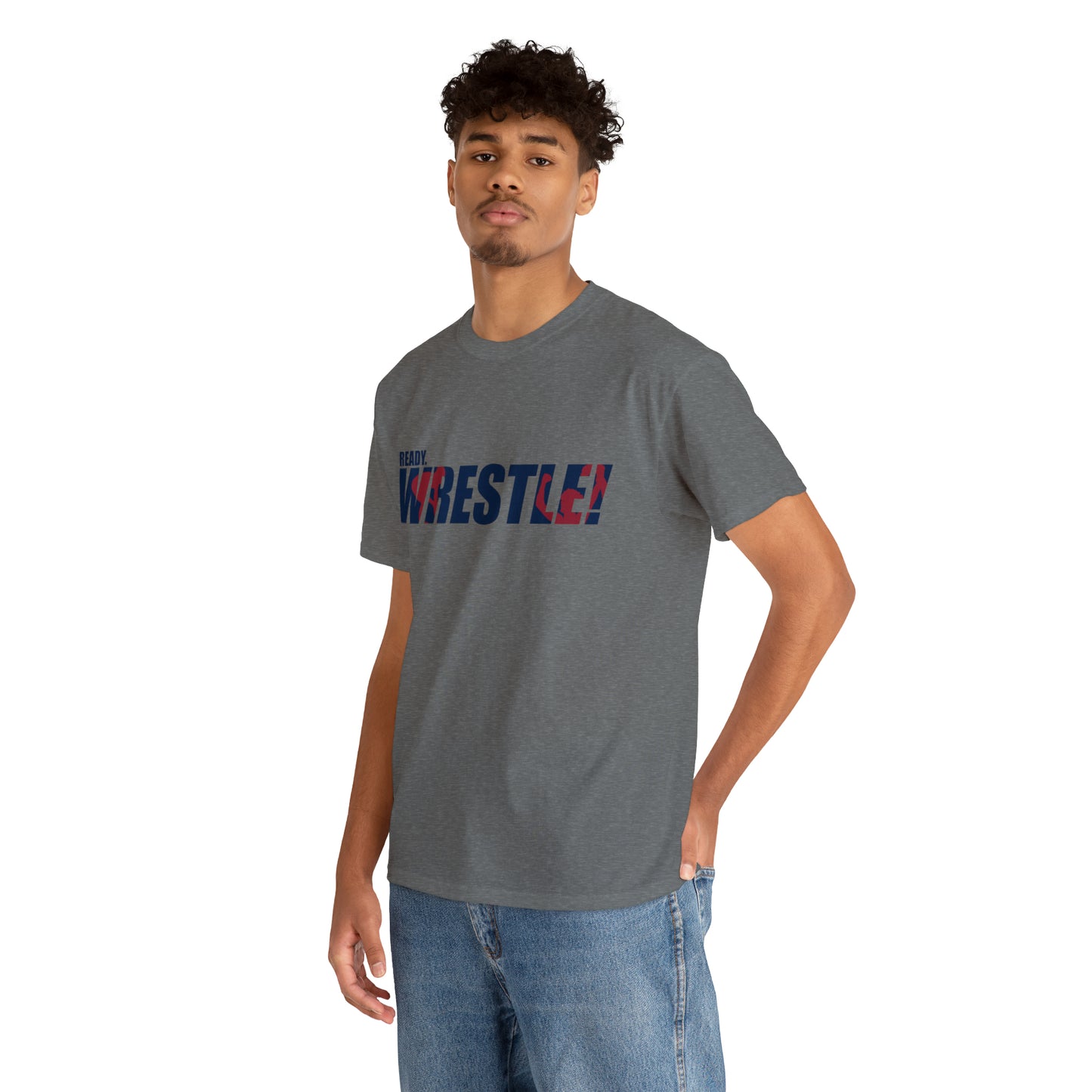 Ready. Wrestle! Navy Logo w/Red Silhouettes, Unisex Heavy Cotton Tee