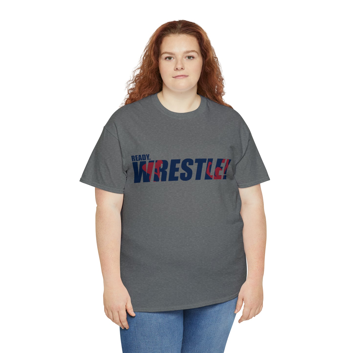 Ready. Wrestle! Navy Logo w/Red Silhouettes, Unisex Heavy Cotton Tee