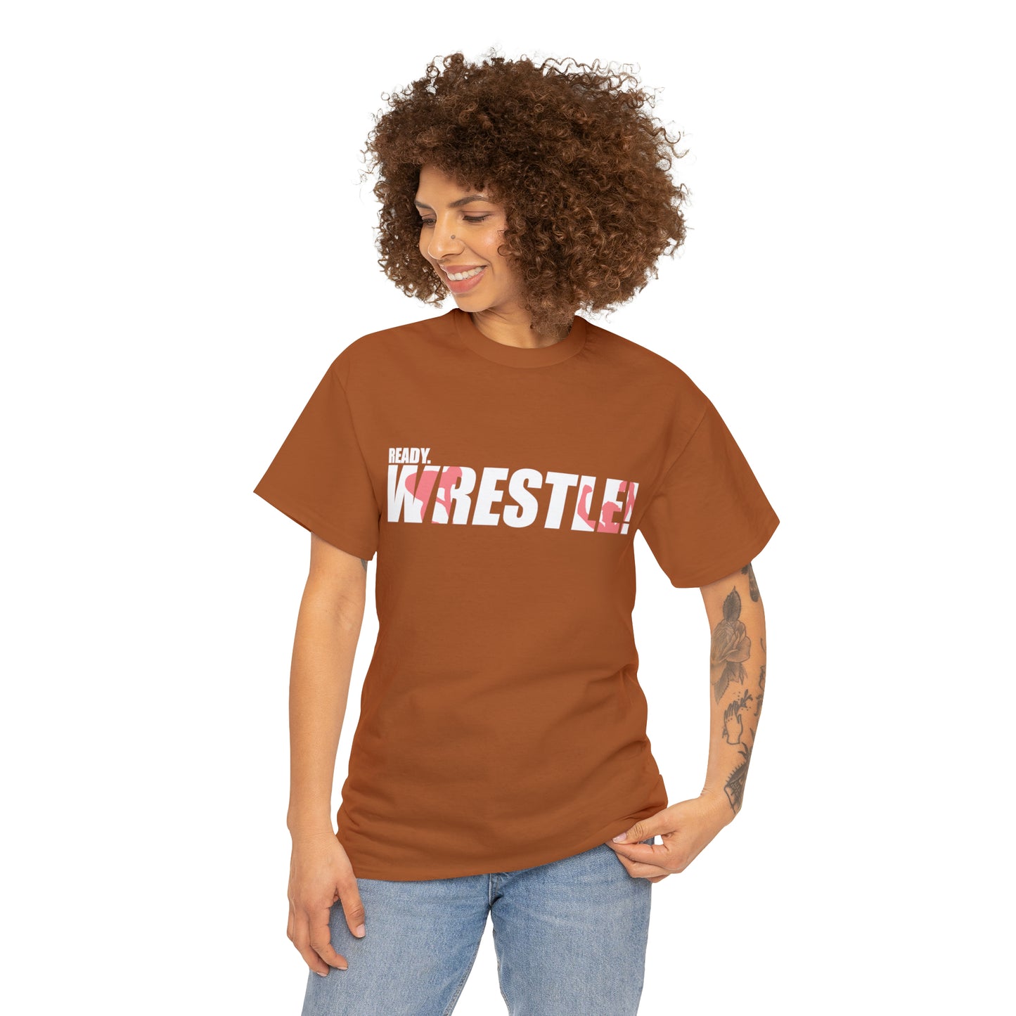 Ready. Wrestle! White Logo w/Red Silhouettes, Unisex Heavy Cotton Tee