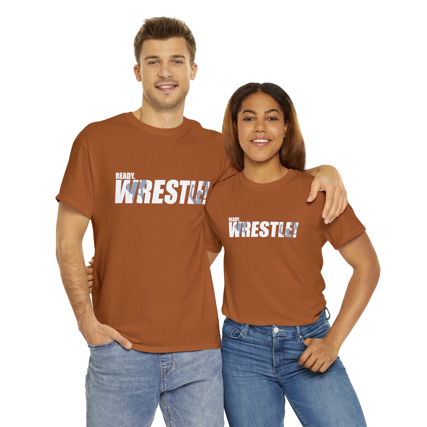 Ready. Wrestle! White Logo w/Blue Silhouettes, Unisex Heavy Cotton Tee