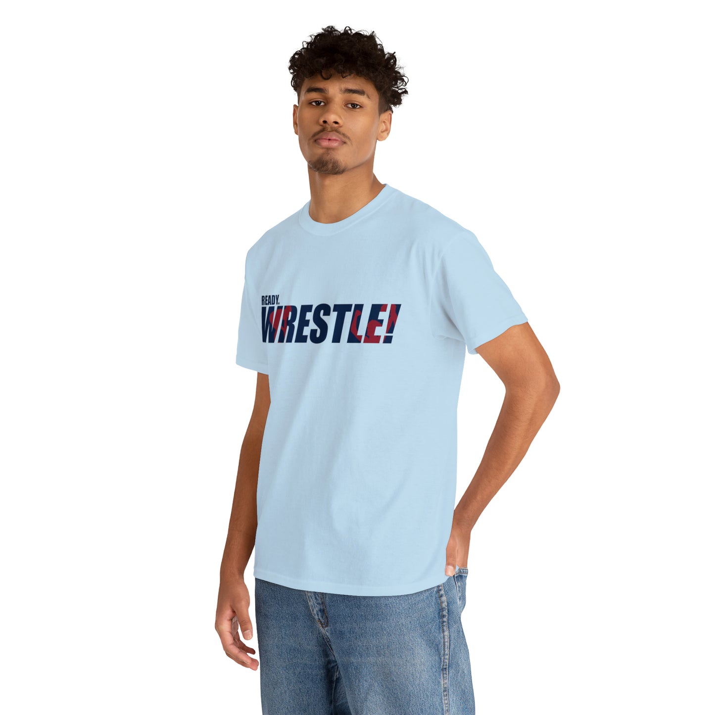 Ready. Wrestle! Navy Logo w/Red Silhouettes, Unisex Heavy Cotton Tee