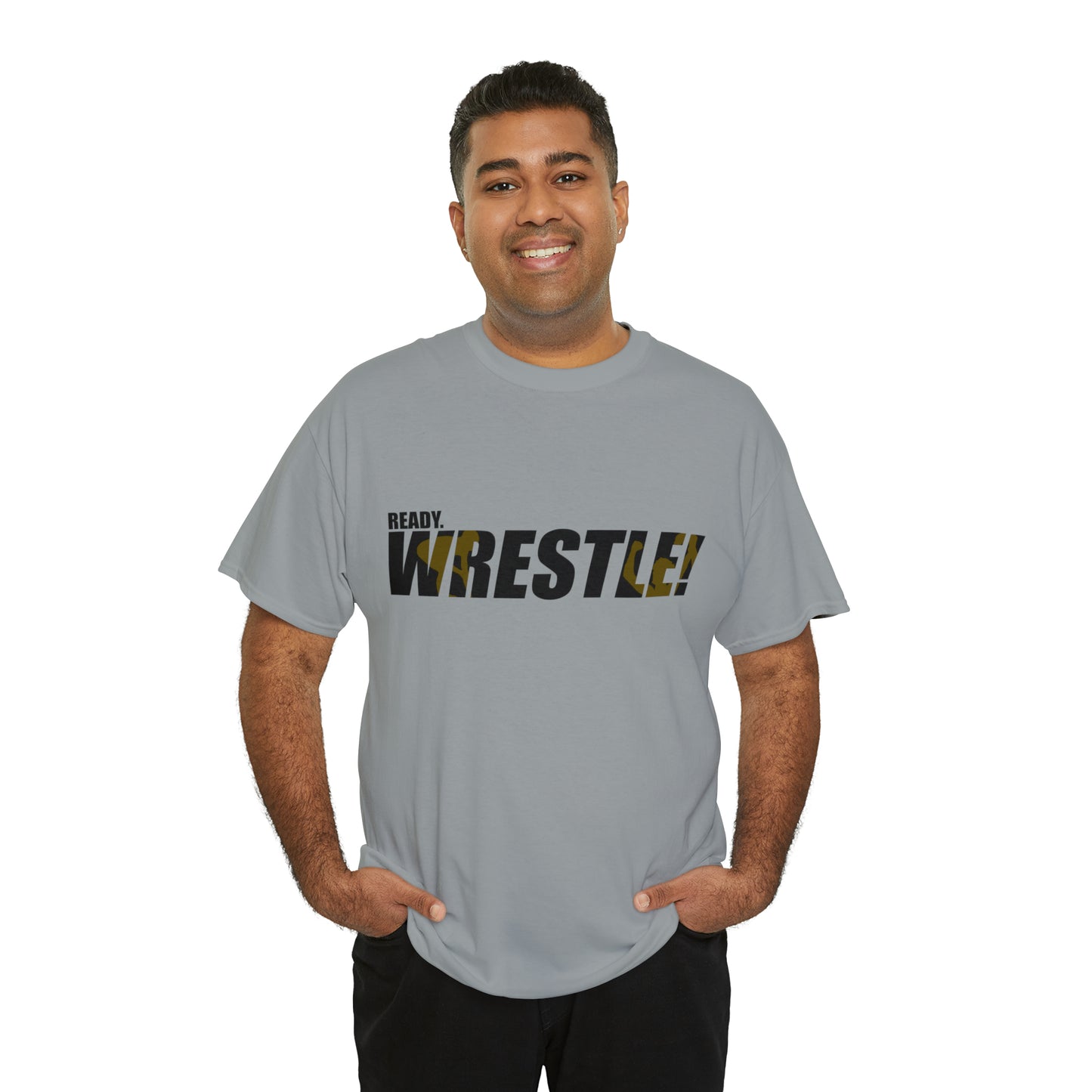 Ready. Wrestle! Black Logo w/Yellow Silhouettes, Unisex Heavy Cotton Tee