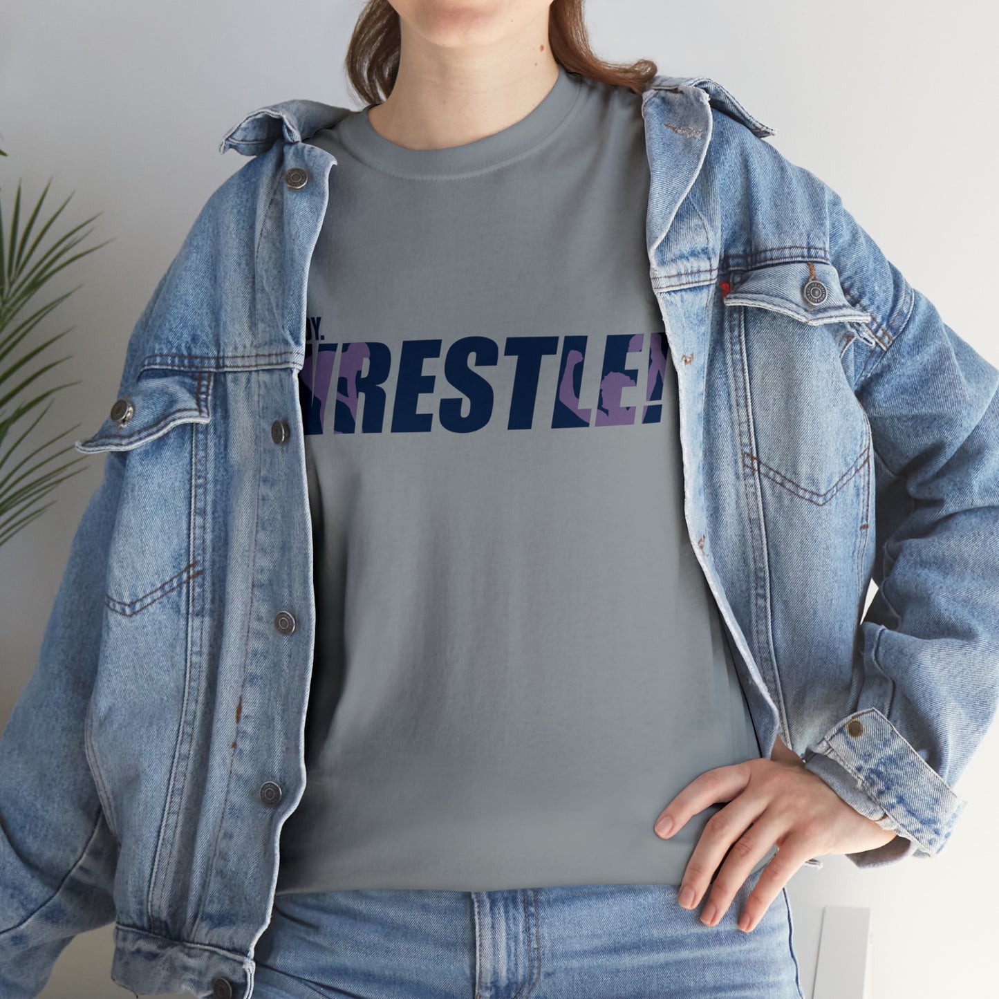 Ready. Wrestle! Navy Logo w/Pink Silhouettes, Unisex Heavy Cotton Tee