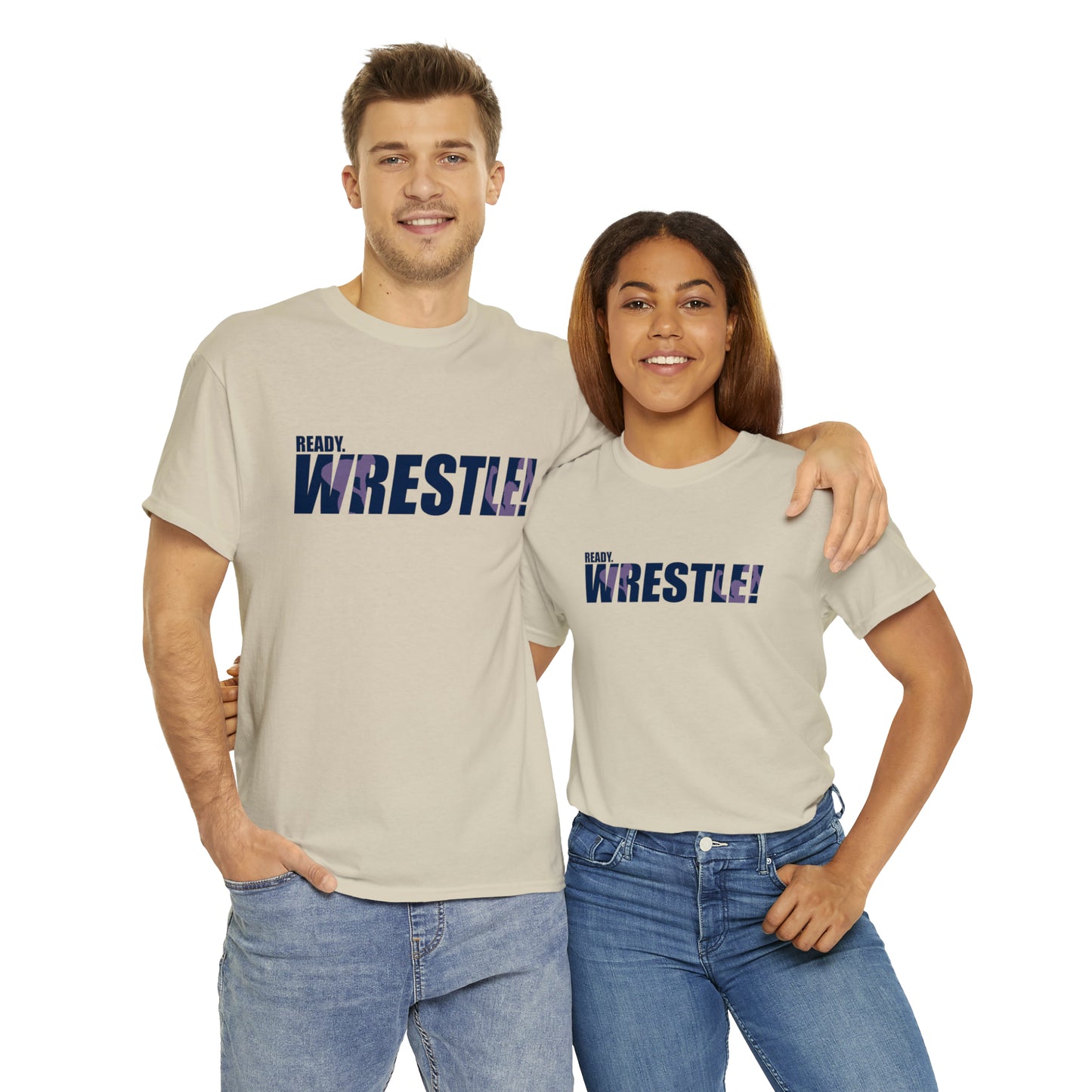 Ready. Wrestle! Navy Logo w/Pink Silhouettes, Unisex Heavy Cotton Tee