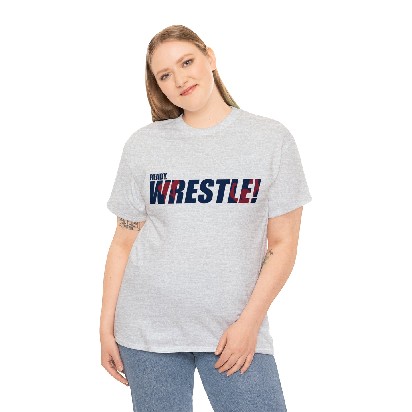 Ready. Wrestle! Navy Logo w/Red Silhouettes, Unisex Heavy Cotton Tee