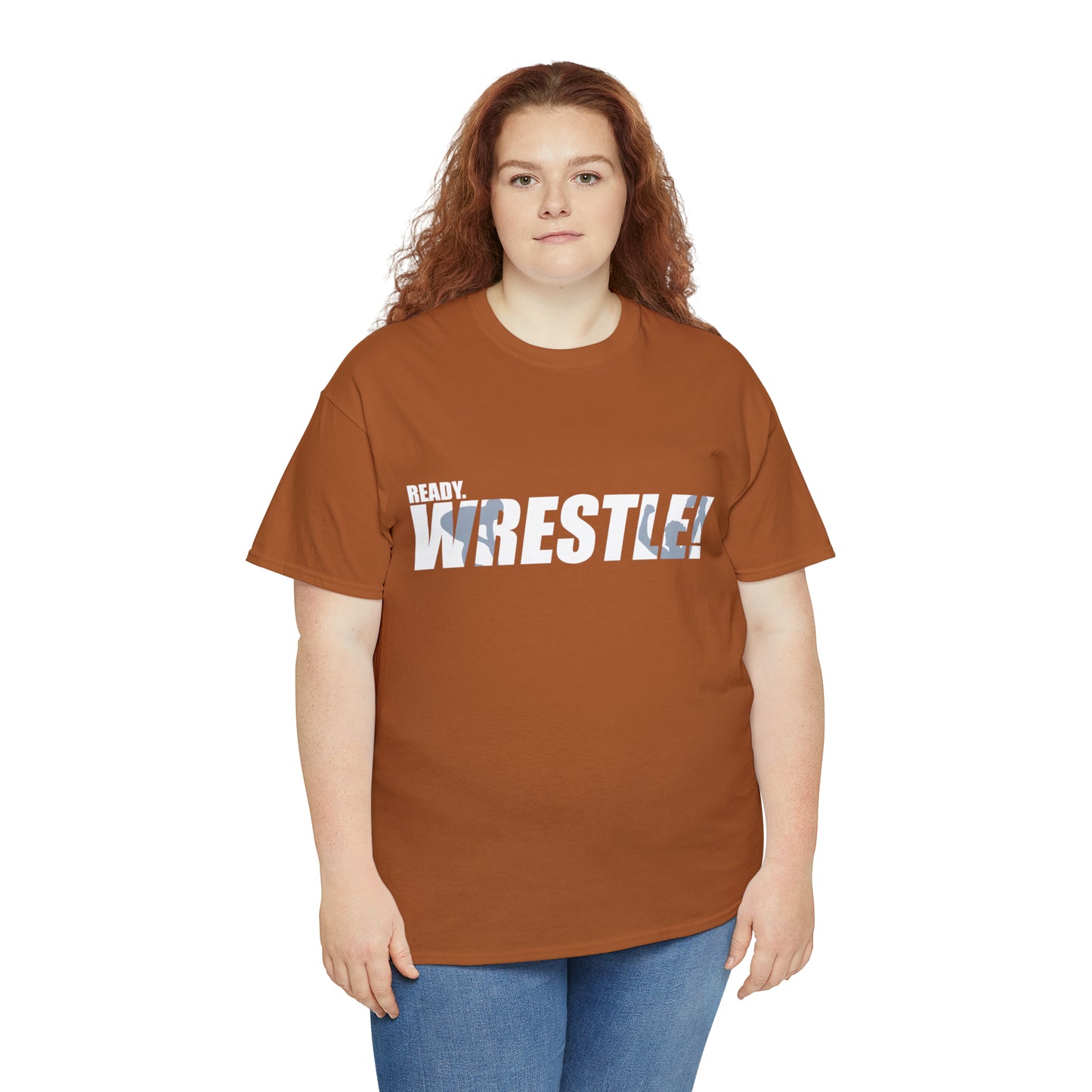 Ready. Wrestle! White Logo w/Blue Silhouettes, Unisex Heavy Cotton Tee