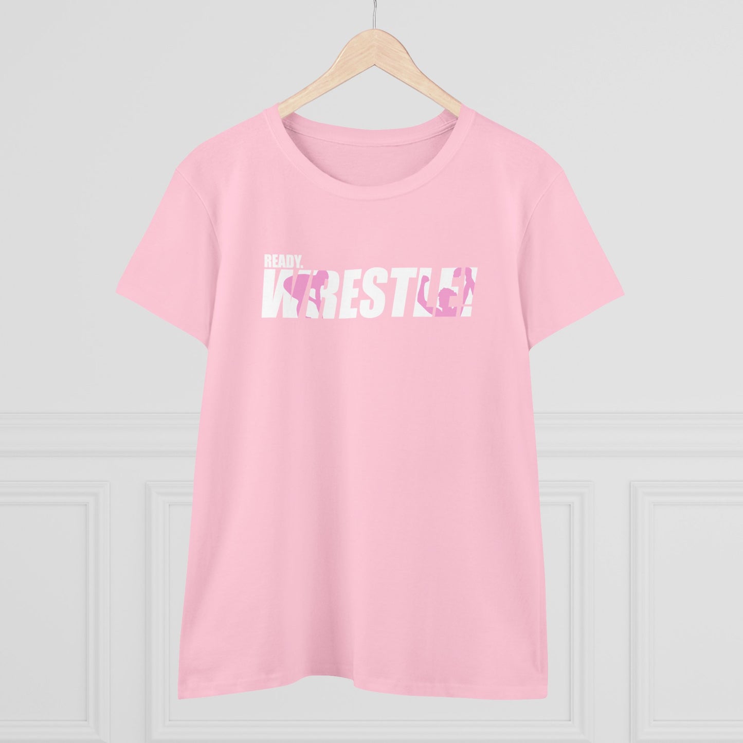 Ready. Wrestle! Women's Midweight Cotton Tee, White/Pink Logo